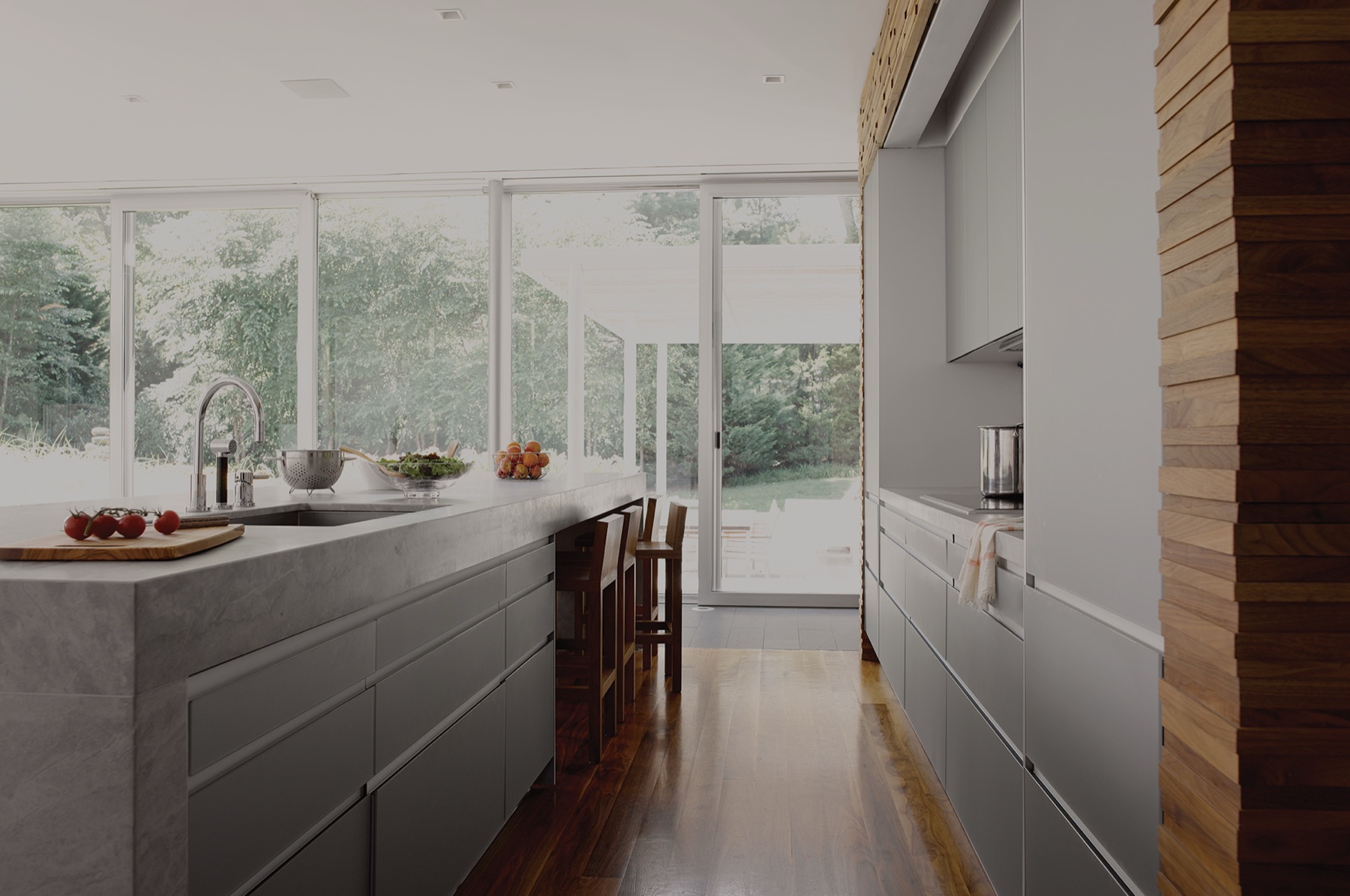 Modern kitchen with floor-to-ceiling windows