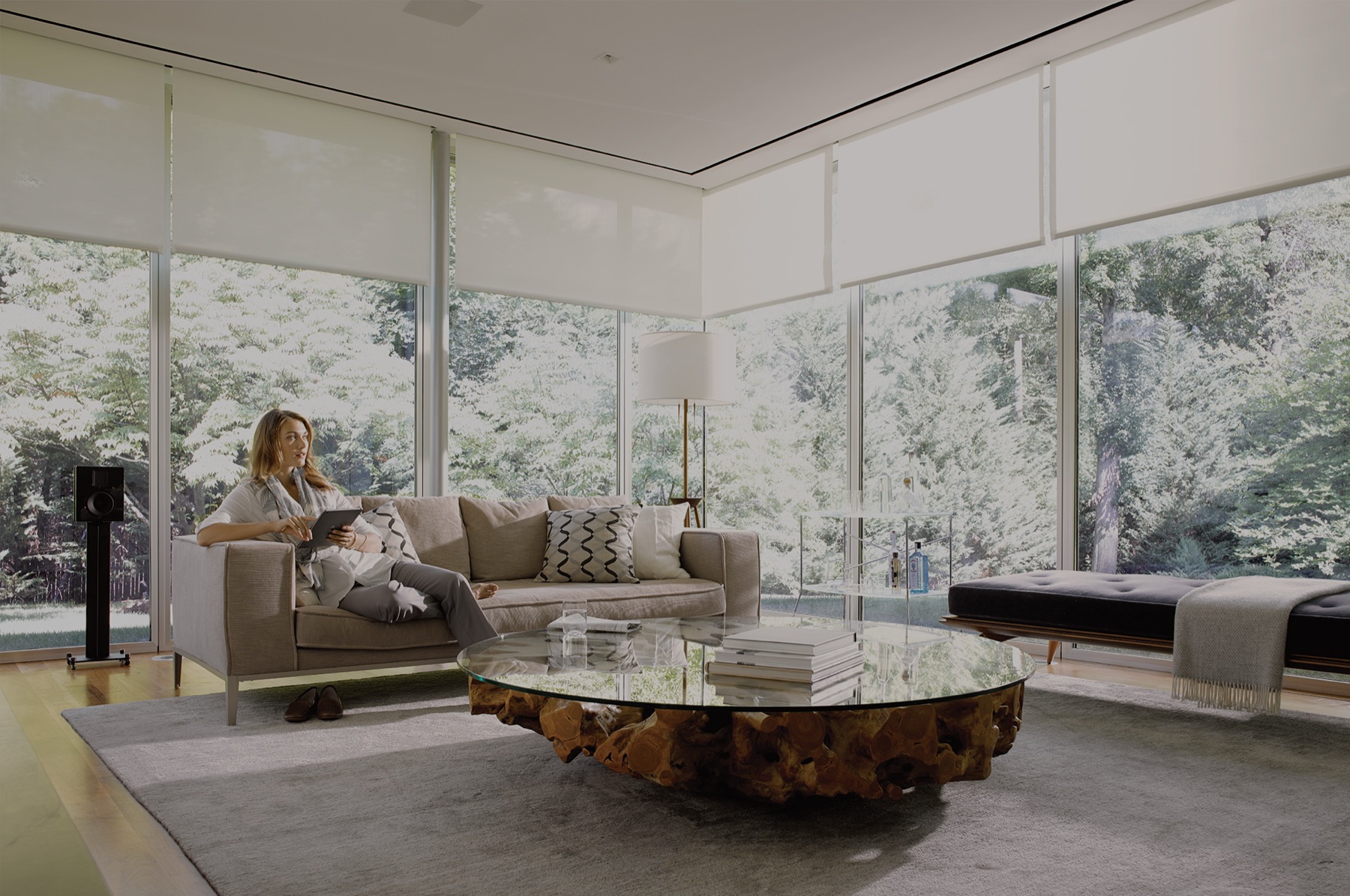 Bright living room with motorized roller shades